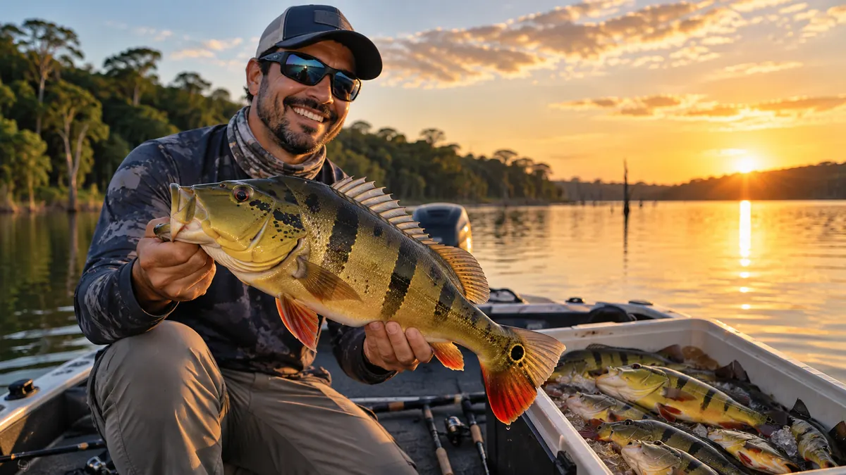 Pescador sorrindo com um tucunaré nas mãos, em cima do barco, ao pôr do sol na represa